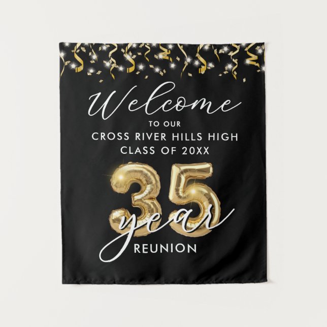 35th Class Reunion Welcome Black Gold Balloon Tapestry (Front)