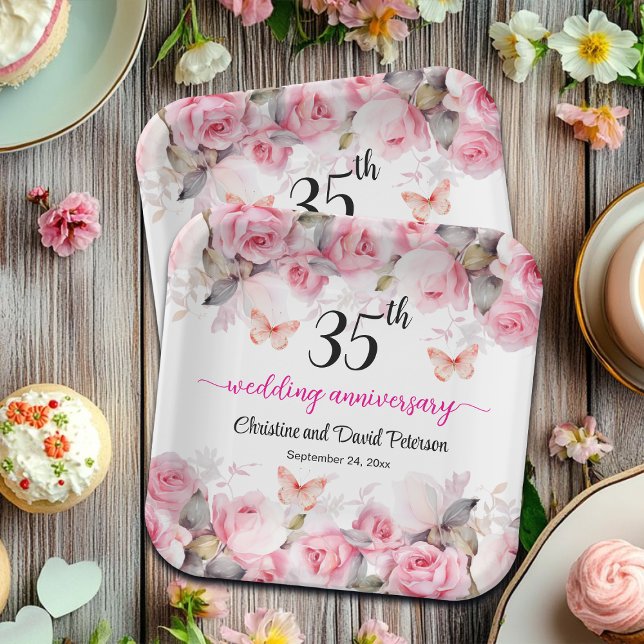 35th Coral Wedding Anniversary Blush Roses Paper Plate (Creator Uploaded)