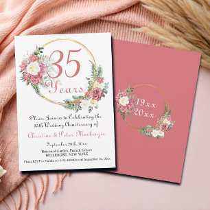 35th Coral Wedding Anniversary Roses Gold Frame Invitation