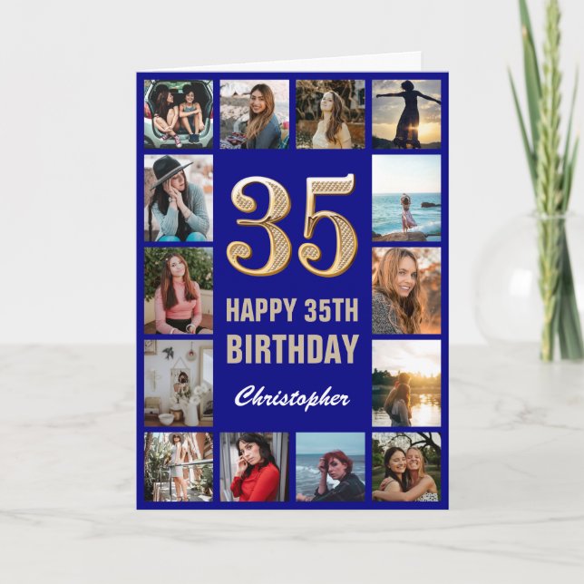 35th Happy Birthday Navy Blue & Gold Photo Collage Card (Front)