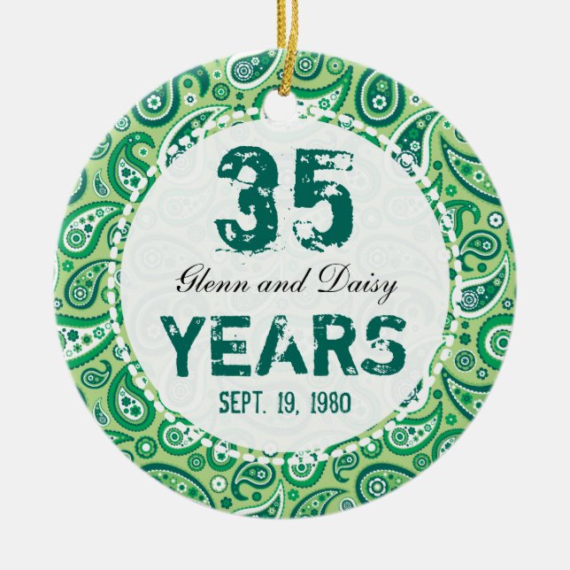 35th Jade Wedding Anniversary Paisley Monogram Ceramic Ornament (Front)
