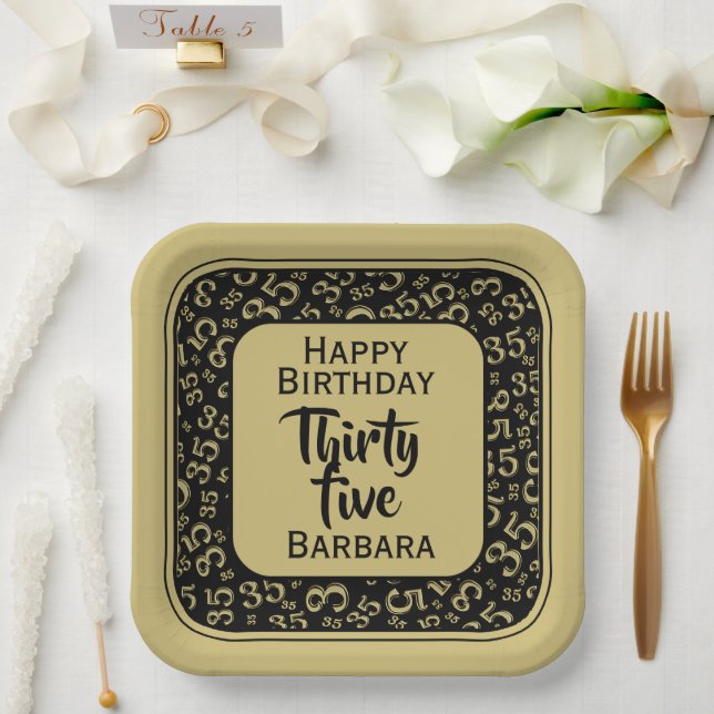 35th Party Random Number Pattern Black/Gold Paper Plate (Wedding)