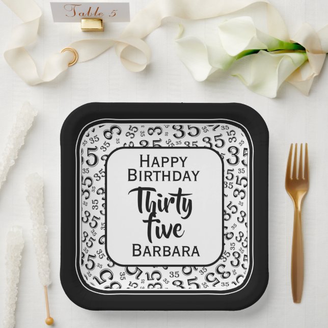 35th Party Random Number Pattern Black/White Paper Plate (Wedding)