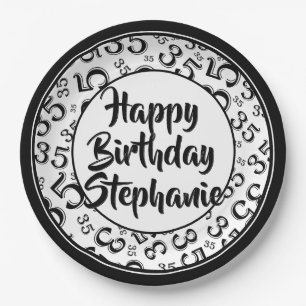 35th Party Random Number Pattern Black/White Paper Plate