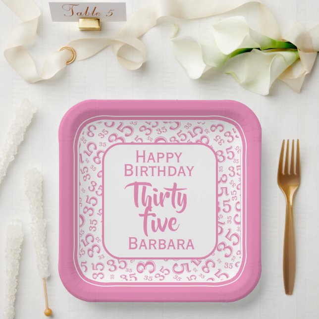 35th Party Random Number Pattern Pink/White Paper Plate (Wedding)
