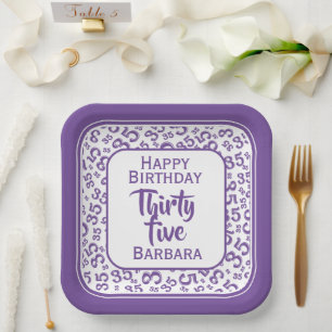 35th Party Random Number Pattern Purple/White Paper Plate