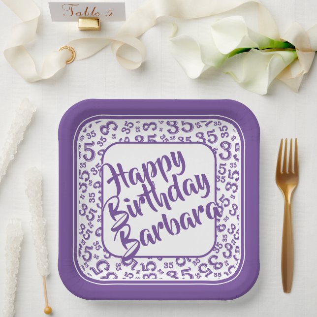 35th Party Random Number Pattern Purple/White Paper Plate (Wedding)