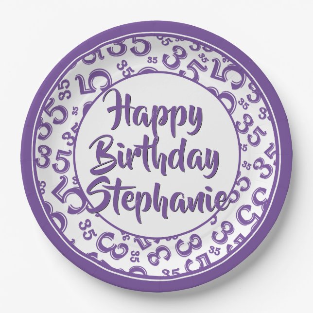 35th Party Random Number Pattern Purple/White Paper Plate (Front)