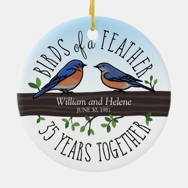 35th Wedding Anniversary, Bluebirds of a Feather Ceramic Ornament (Back)