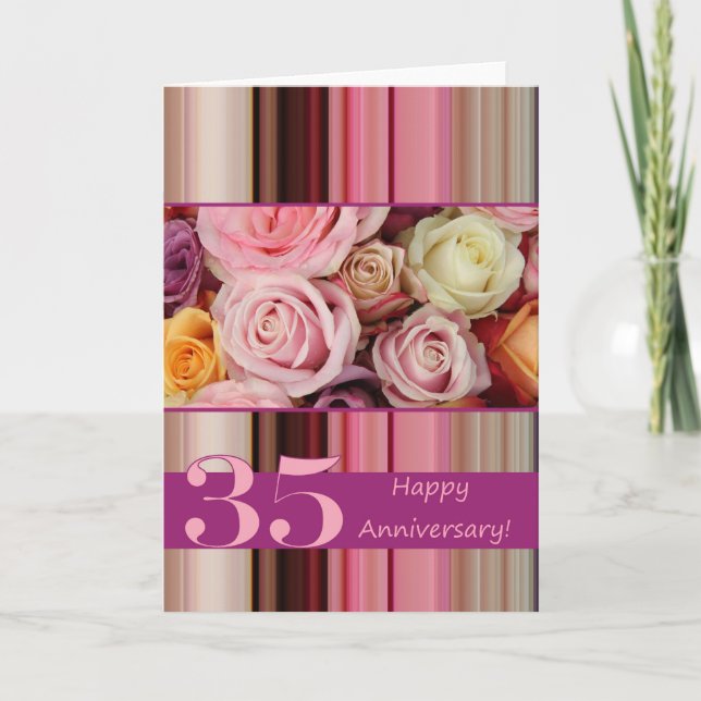 35th Wedding Anniversary Card -Pastel roses stripe (Front)