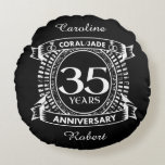 35th wedding anniversary Coral Jade crest Round Pillow<br><div class="desc">A romantic design to celebrate your 35th year of marriage. If you would like any help customizing this design please contact me, their is an ask this designer button, just below this text. This thirty fifth, 35 years wedding anniversary crest has the text coral / jade as that is the...</div>