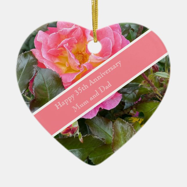 35th Wedding Anniversary Coral Rose Ceramic Ornament (Front)