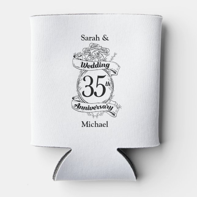 35th Wedding Anniversary Flowers black and white Can Cooler (Front)