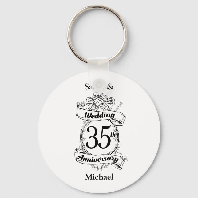 35th Wedding Anniversary Flowers black and white Keychain (Front)