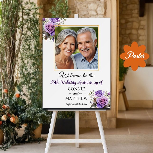 35th Wedding Anniversary Gold Frame Purple Roses Poster (Creator Uploaded)