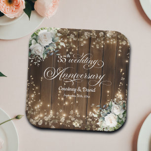 35th Wedding Anniversary Rustic String Lights Paper Plate