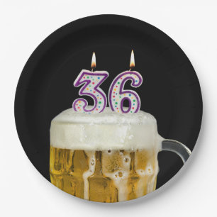 36th Birthday Beer on black Paper Plate