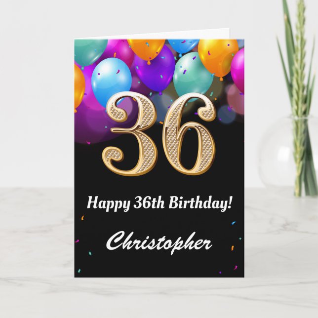 36th Birthday Black and Gold Colourful Balloons Card (Front)