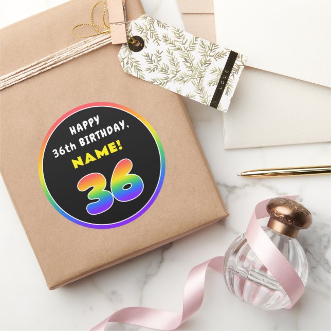 36th Birthday: Colourful Rainbow # 36, Custom Name Classic Round Sticker (Gifting)
