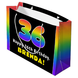 36th Birthday: Colourful Rainbow # 36, Custom Name Large Gift Bag