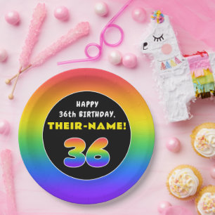 36th Birthday: Colourful Rainbow # 36, Custom Name Paper Plate