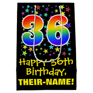 36th Birthday: Colourful Stars Pattern & Rainbow 3 Medium Gift Bag