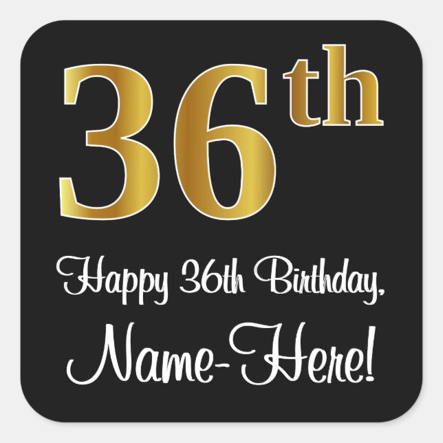 36th Birthday – Elegant Luxurious Faux Gold Look # Square Sticker (Front)