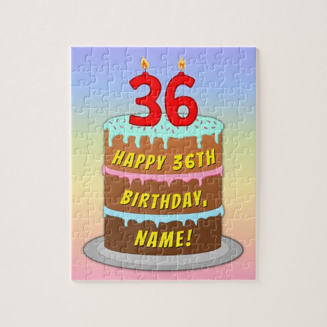 36th Birthday: Fun Cake and Candles + Custom Name Jigsaw Puzzle (Vertical)