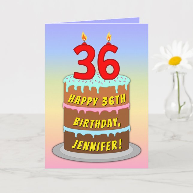 36th Birthday — Fun Cake & Candles, w/ Custom Name Card (Small Plant)