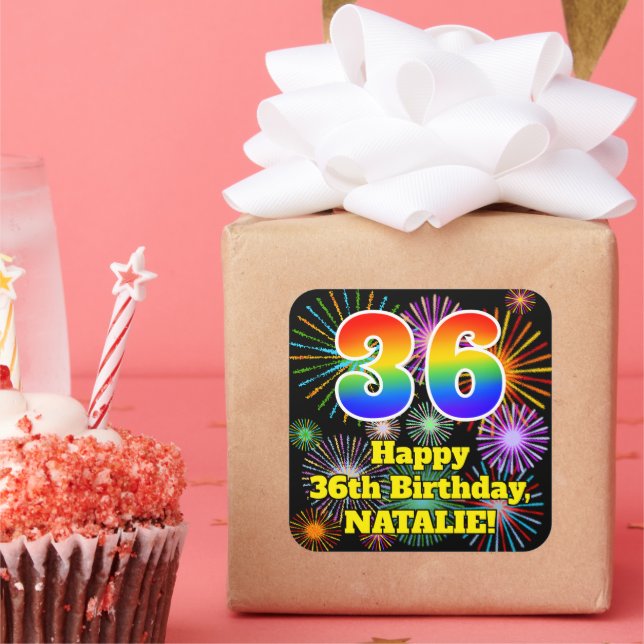 36th Birthday: Fun Fireworks Look, Rainbow # 36 Square Sticker (Party)