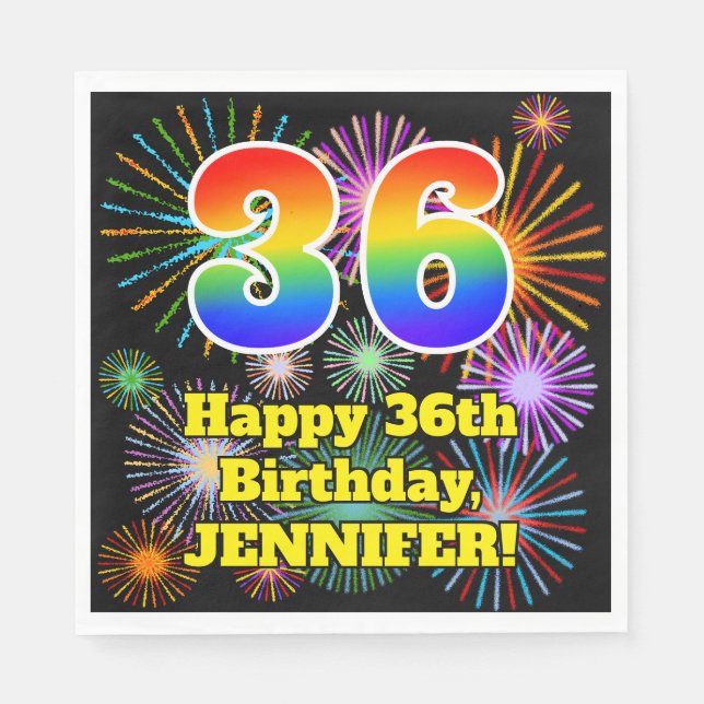 36th Birthday: Fun Fireworks Pattern + Rainbow 36 Napkin (Front)