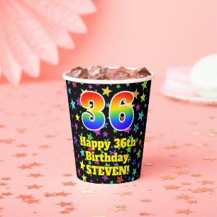 36th Birthday: Fun Stars Pattern and Rainbow 36 Paper Cups