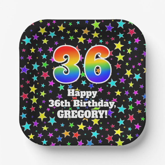36th Birthday: Fun Stars Pattern and Rainbow “36” Paper Plate (Front)