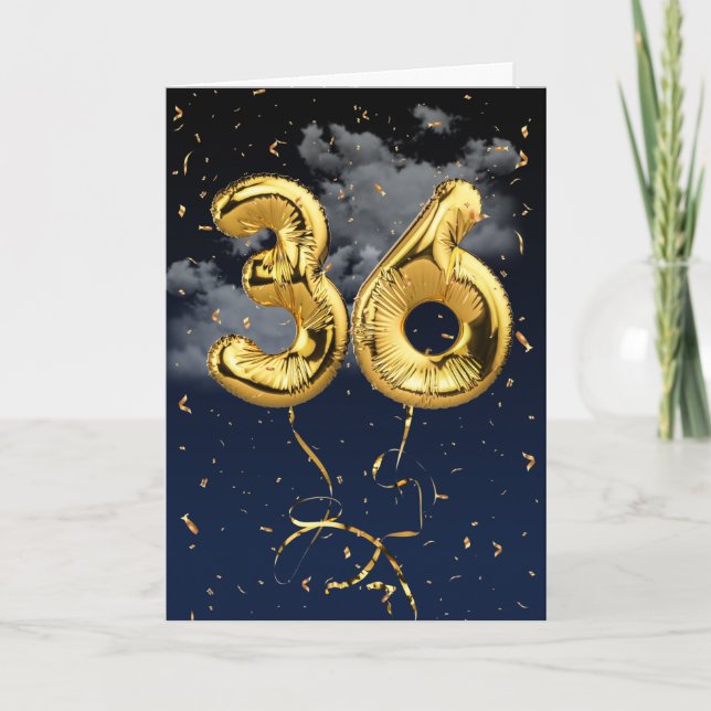 36th Birthday Gold Mylar Balloon and Confetti Card (Front)