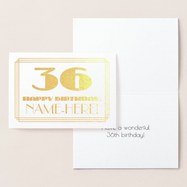 36th Birthday; Name + Art Deco Inspired Look "36" Foil Card (Display)
