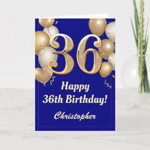 36th Birthday Navy Blue and Gold Balloons Confetti Card