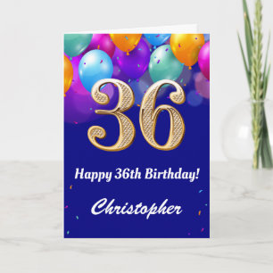 36th Birthday Navy Blue and Gold Colourful Balloon Card