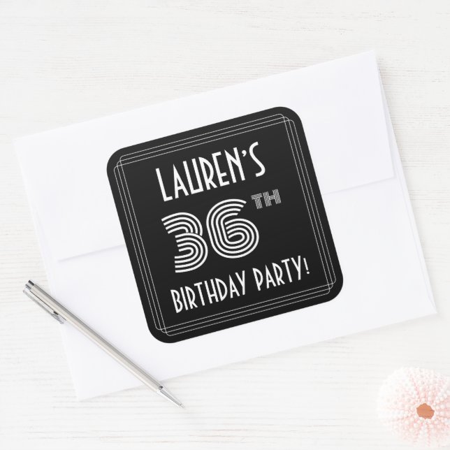 36th Birthday Party: Art Deco Style & Custom Name Square Sticker (Envelope)