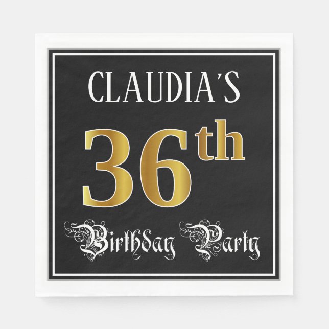 36th Birthday Party — Fancy Script, Faux Gold Look Napkin (Front)