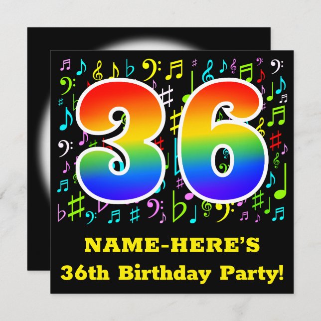 36th Birthday Party: Fun Music Symbols, Rainbow 36 Invitation (Front/Back)