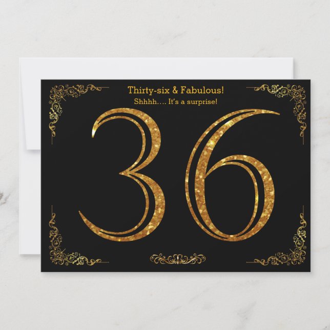 36th Birthday party,Gatsby styl,black gold glitter Invitation (Front)