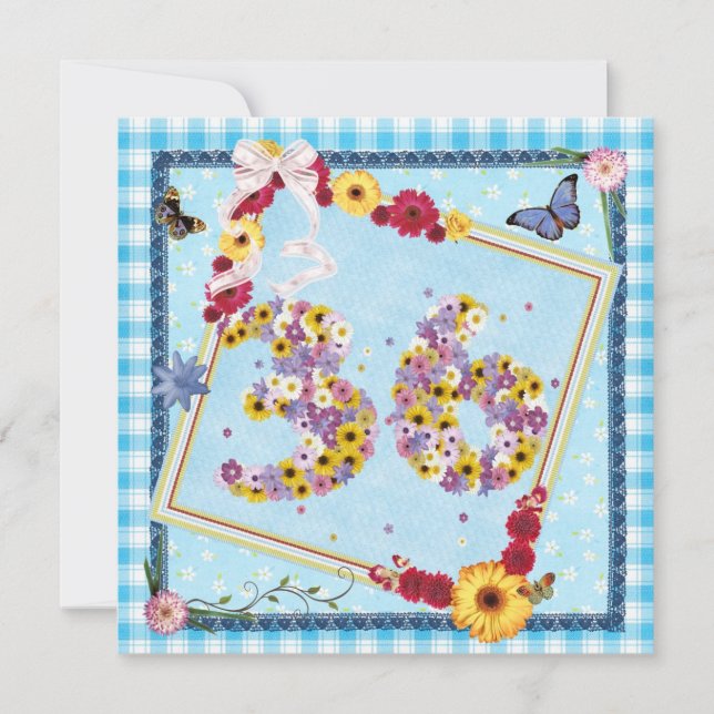 36th Birthday party Invitation flowers,butterflies (Front)