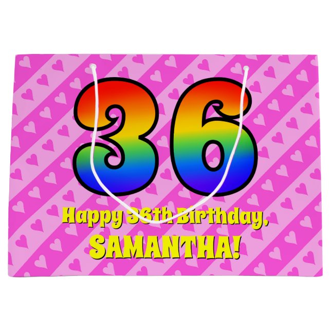 36th Birthday: Pink Stripes & Hearts, Rainbow # 36 Large Gift Bag (Front)