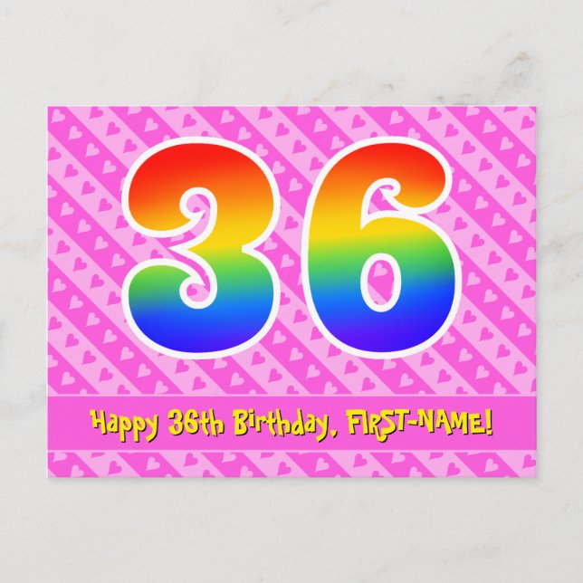 36th Birthday: Pink Stripes & Hearts, Rainbow 36 Postcard (Front)