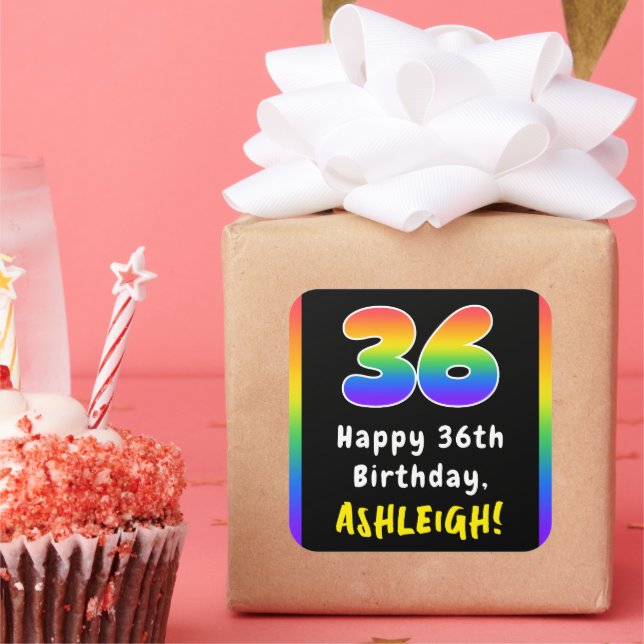 36th Birthday: Rainbow Spectrum # 36, Custom Name Square Sticker (Party)