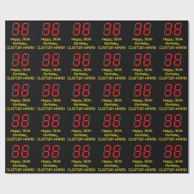 36th Birthday: Red Digital Clock Style "36" + Name Wrapping Paper (Flat)