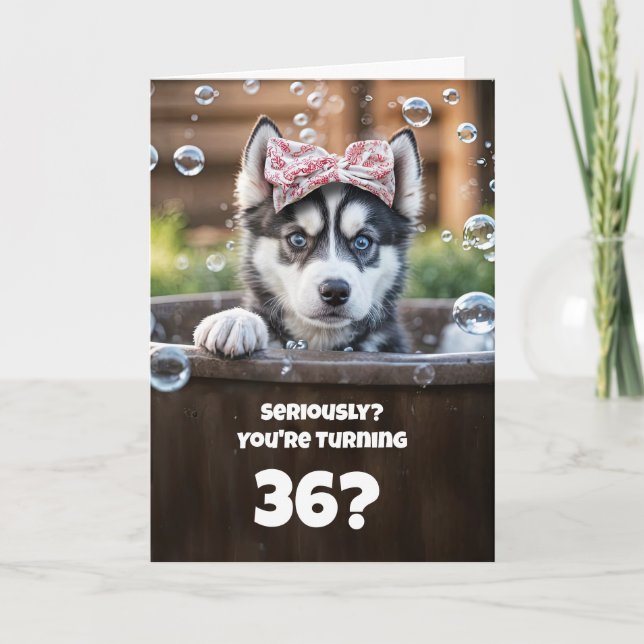 36th Fun Happy Birthday Husky Bubble Bath Humor Card (Front)