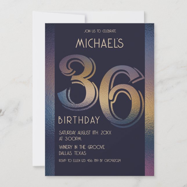 36th modern dark purple and gold birthday invitation (Front)