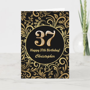 37th Birthday Black and Gold Floral Pattern Card