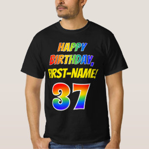 37th Birthday — Bold, Fun, Rainbow 37, Custom Name T-Shirt